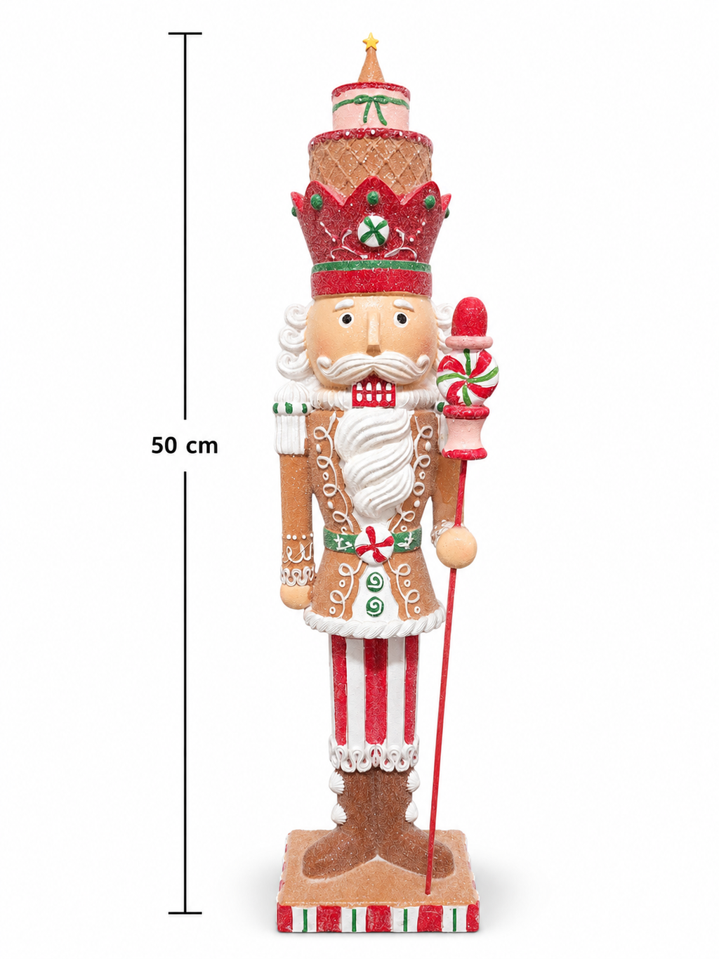 Candy king nutcracker Christmas figurine on white background showing 50cm height measurement