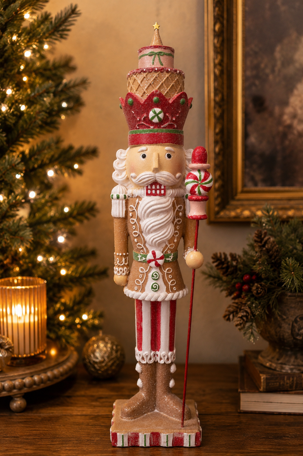 Candy king nutcracker Christmas figurine displayed on a wooden table beside a lit candle, gold bauble, and Christmas tree