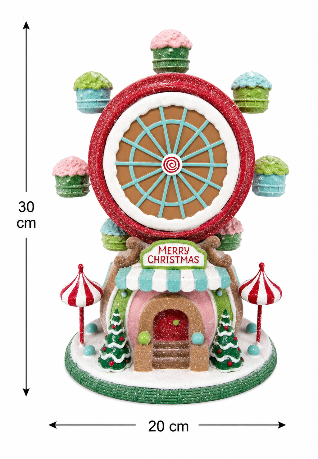 Christmas candy Ferris wheel figurine on white background showing 30cm height and 20cm width measurements