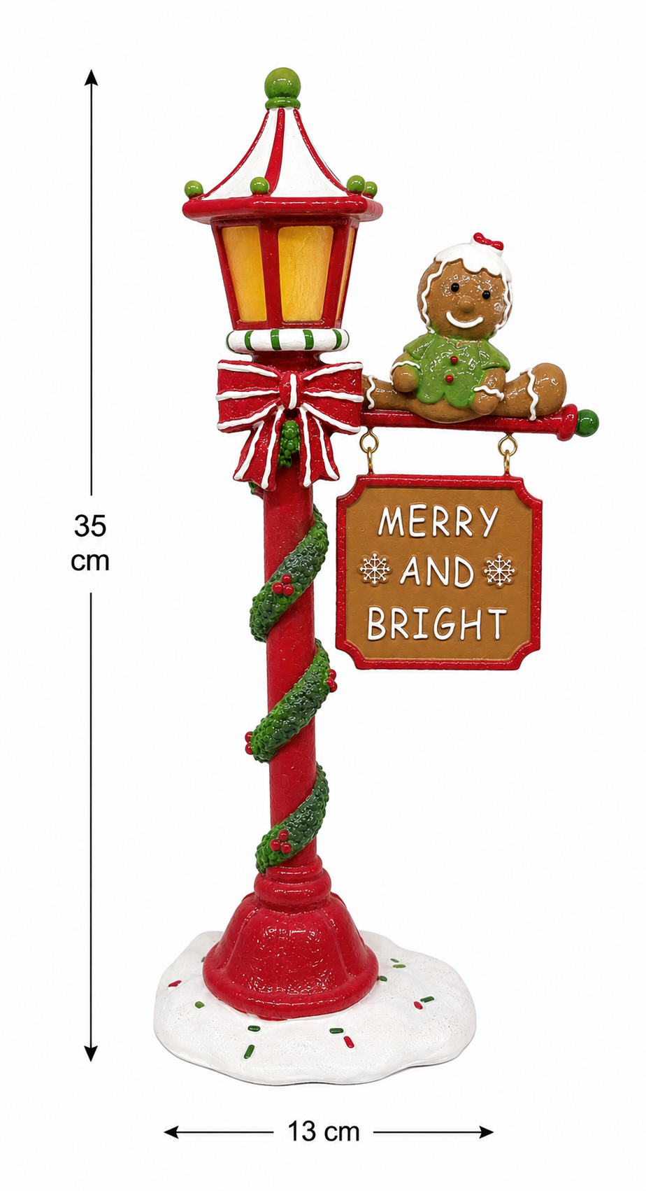 Light-up gingerbread lamppost Christmas figurine on white background showing 35cm height and 13cm width measurements