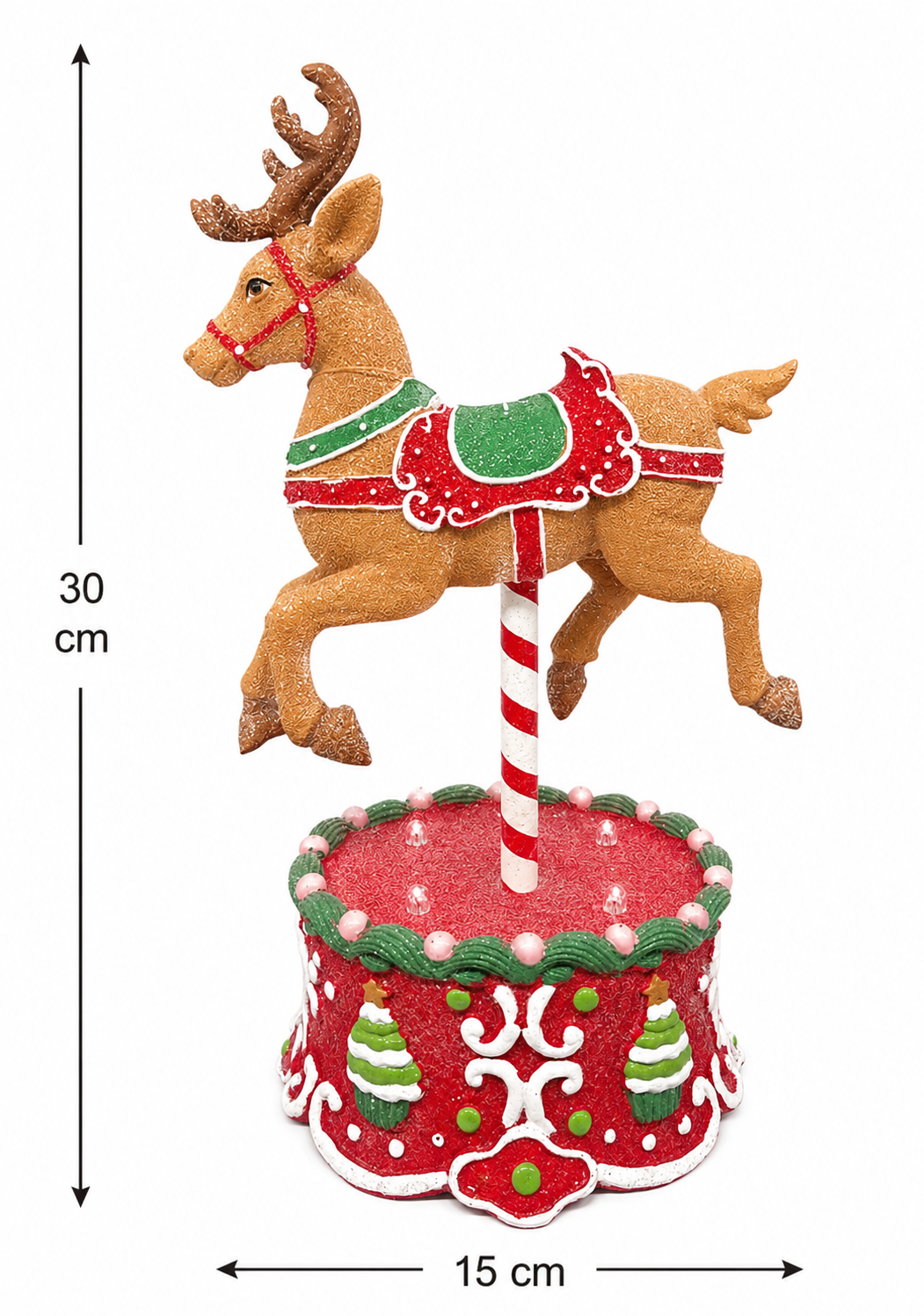 Light-up gingerbread reindeer carousel figurine on white background showing 30cm height and 15cm width measurements