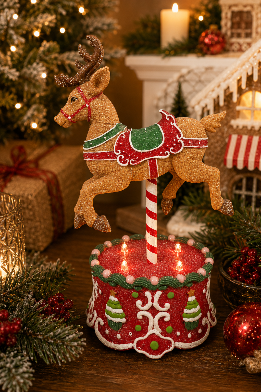 Light-up gingerbread reindeer carousel figurine displayed on a wooden table with candles, gifts, and a gingerbread house in the background
