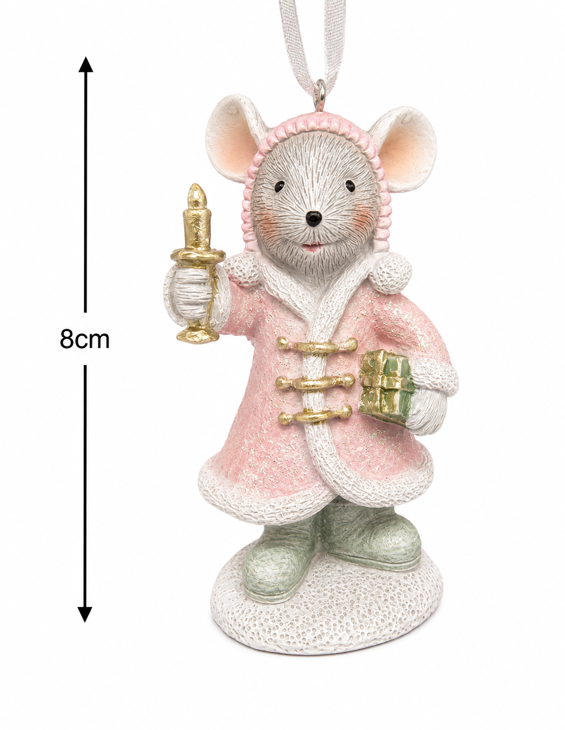 Pink cloak mouse with candle and gift hanging ornament on white background showing 8cm height measurement