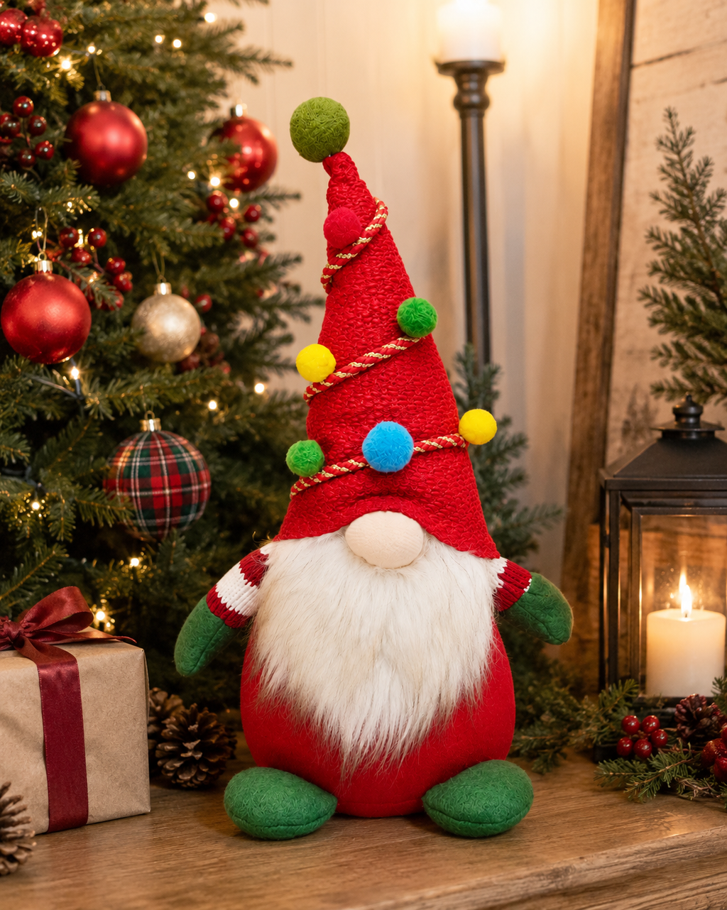 Pom pom Christmas gnome plush displayed on a wooden mantel beside a lit lantern, wrapped gift, and decorated Christmas tree