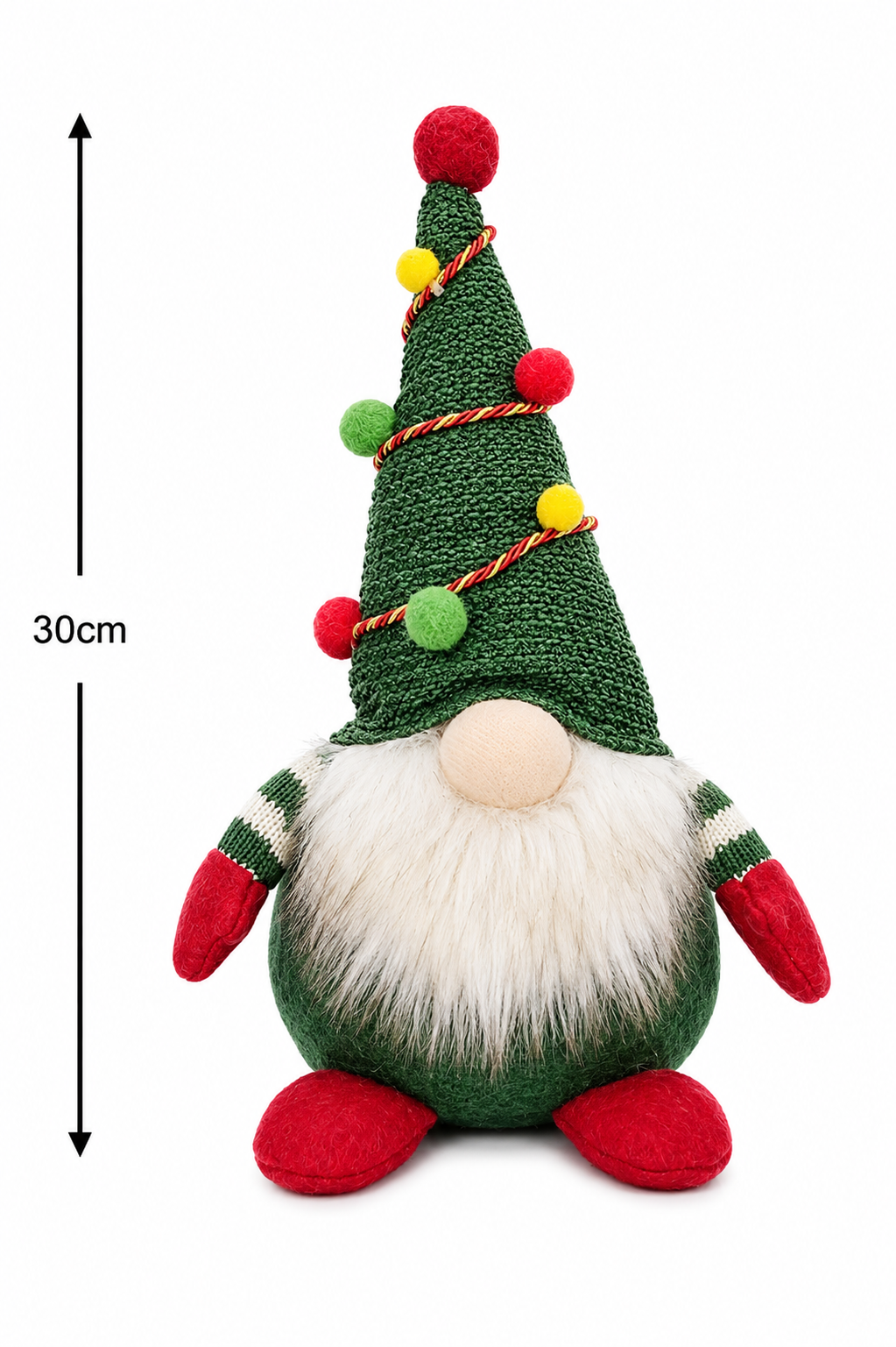 Pom pom garland gnome plush on white background showing 30cm height measurement