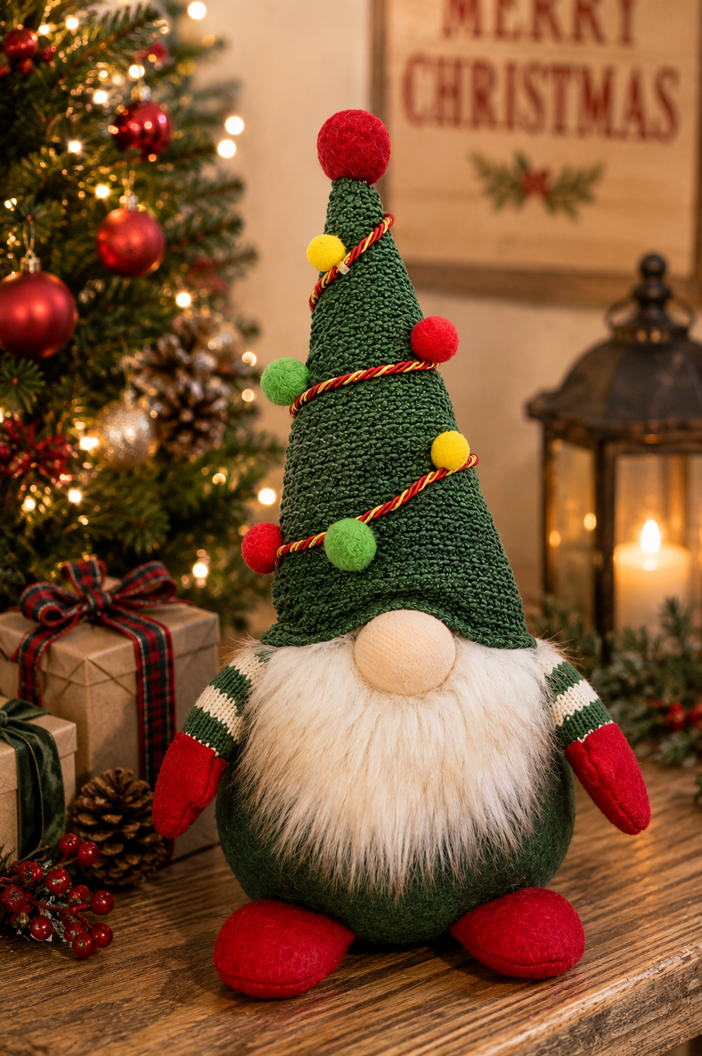 Pom pom garland gnome plush on a wooden mantel beside wrapped gifts, pinecones and a lit Christmas tree