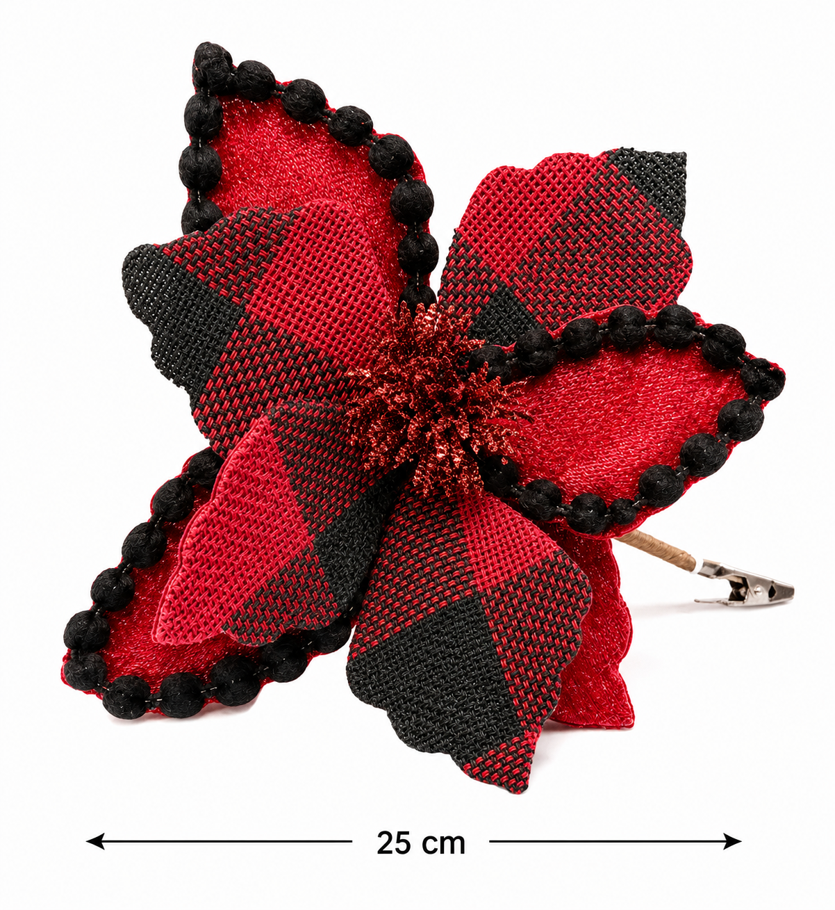 Buffalo plaid poinsettia Christmas tree pick on white background showing 25cm width and clip stem