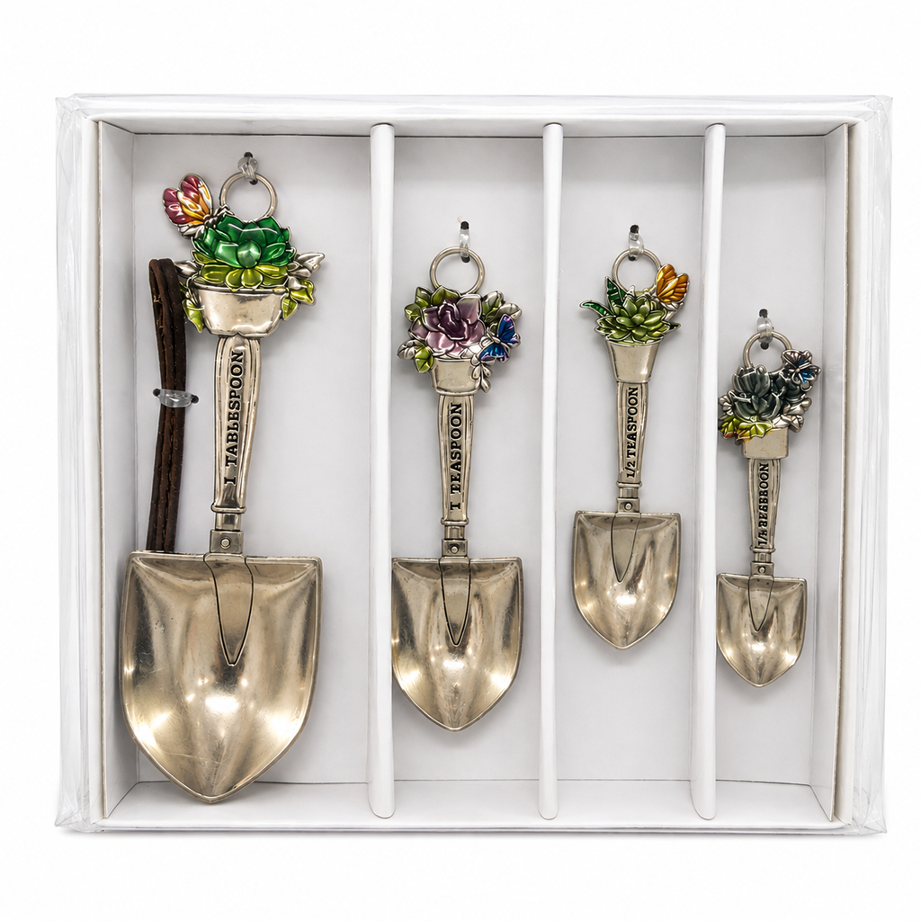 Succulent garden charm measuring spoon set in its gift box showing all four shovel-shaped spoons