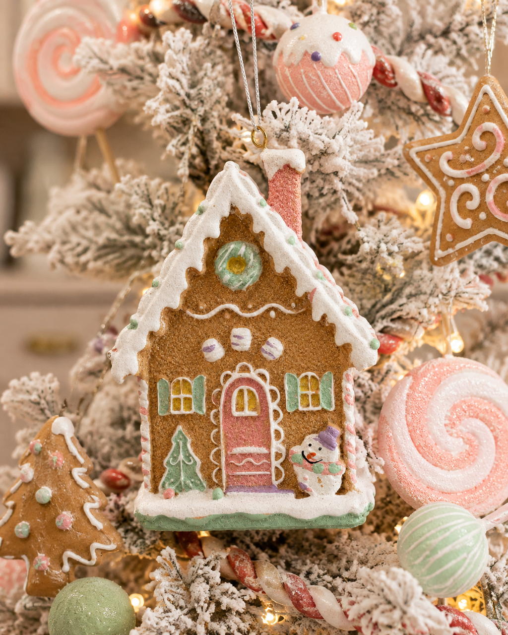 Pastel gingerbread house hanging ornament on a flocked Christmas tree beside gingerbread star and peppermint ornaments