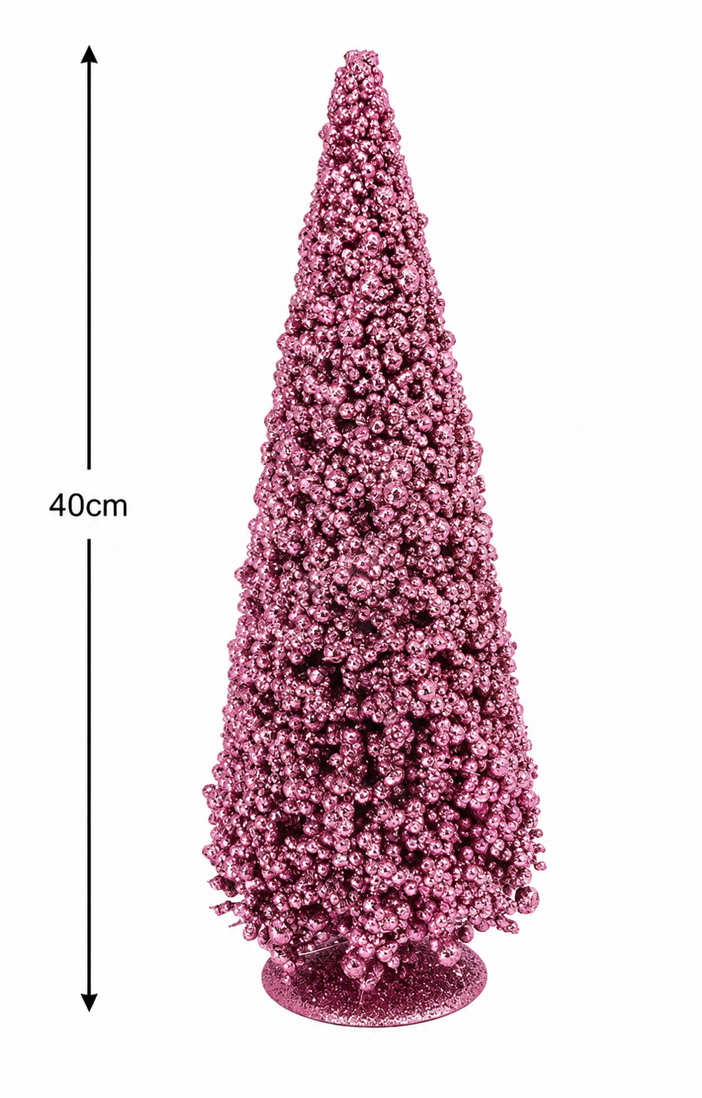 Pink beaded cone Christmas tree on white background showing 40cm height measurement