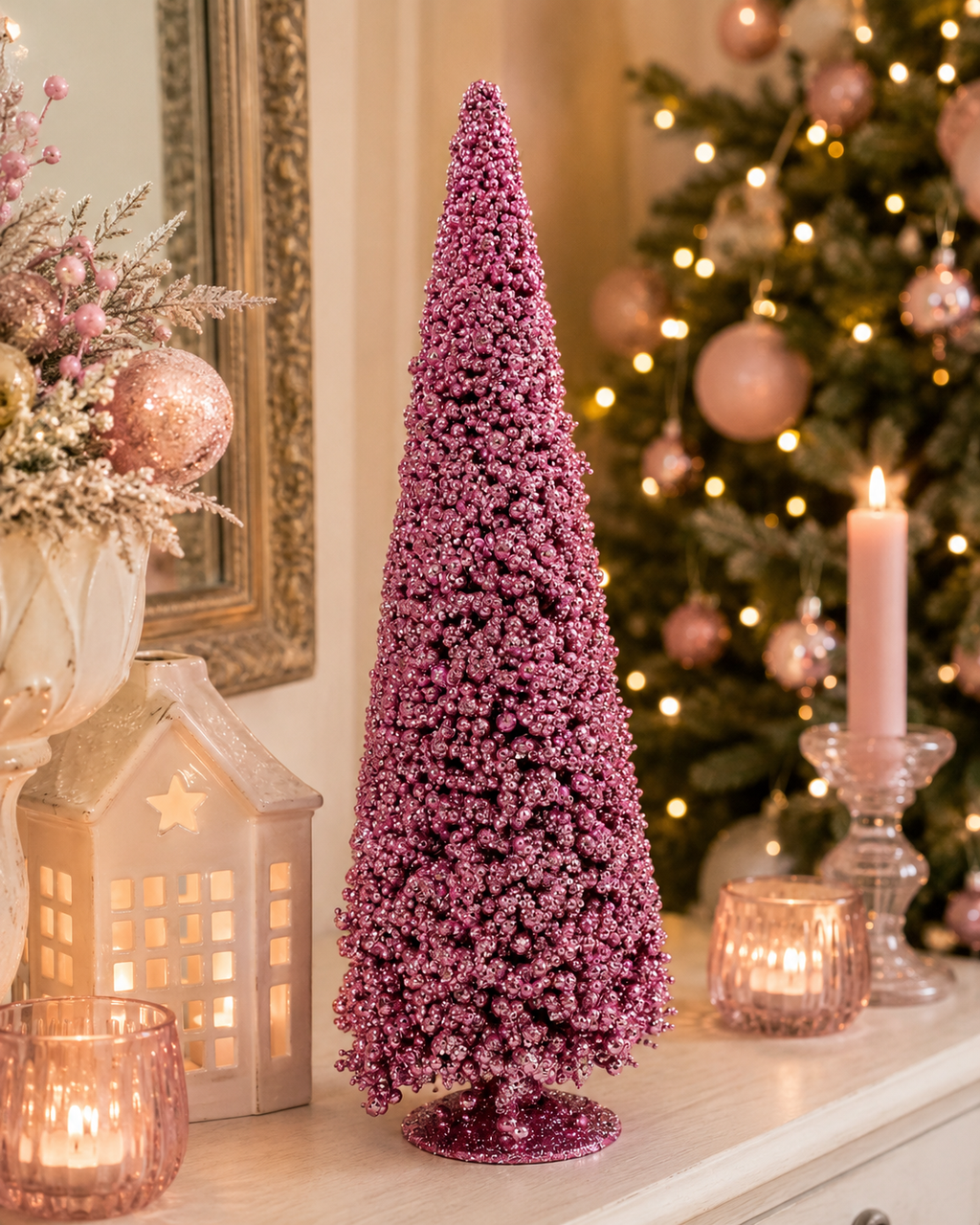 Pink beaded cone Christmas tree displayed on a mantel beside a ceramic house, candles, and a decorated Christmas tr