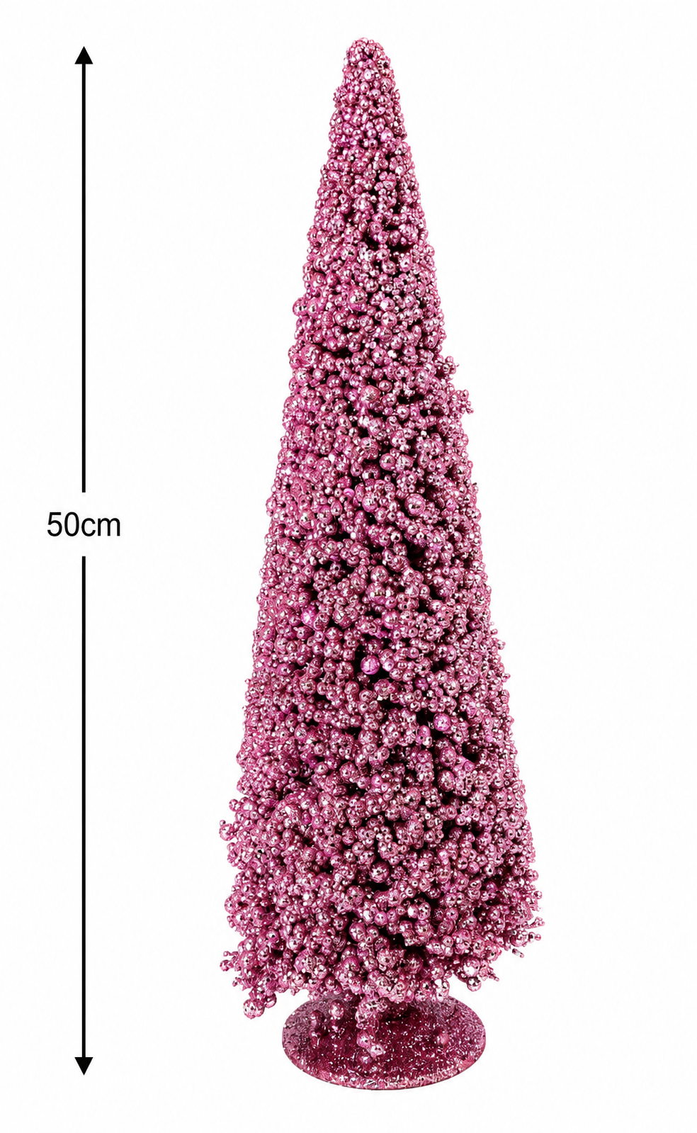Pink beaded cone Christmas tree on white background showing 50cm height measurement