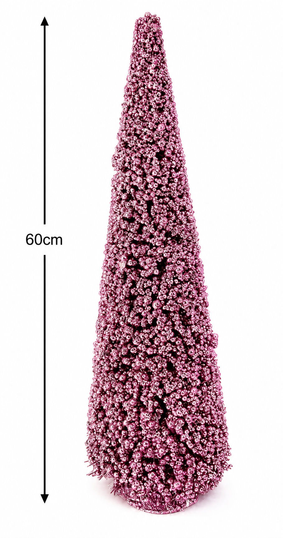 Pink beaded cone Christmas tree on white background showing 60cm height measurement