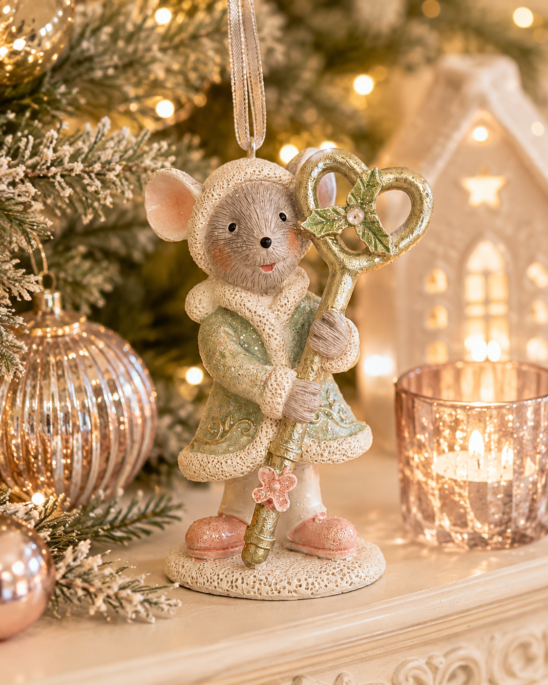Sage cloak mouse with gold key hanging ornament displayed on a Christmas tree beside a lit gingerbread house and mercury glass baubles