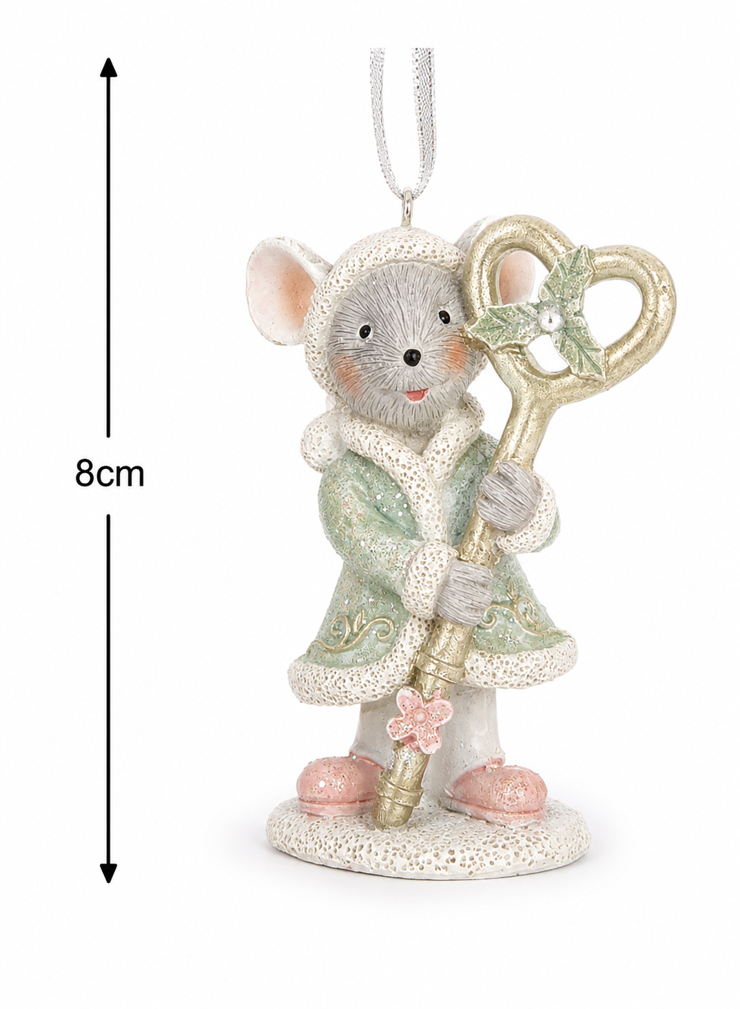 Sage cloak mouse with gold key hanging ornament on white background showing 8cm height measurement