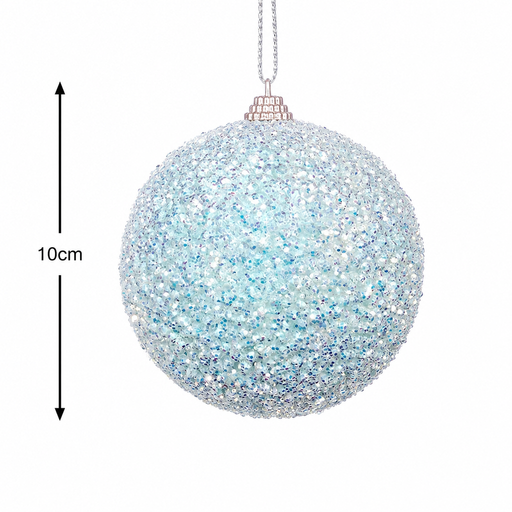 Product dimension diagram of the ice blue glitter bauble ornament showing 10cm diameter