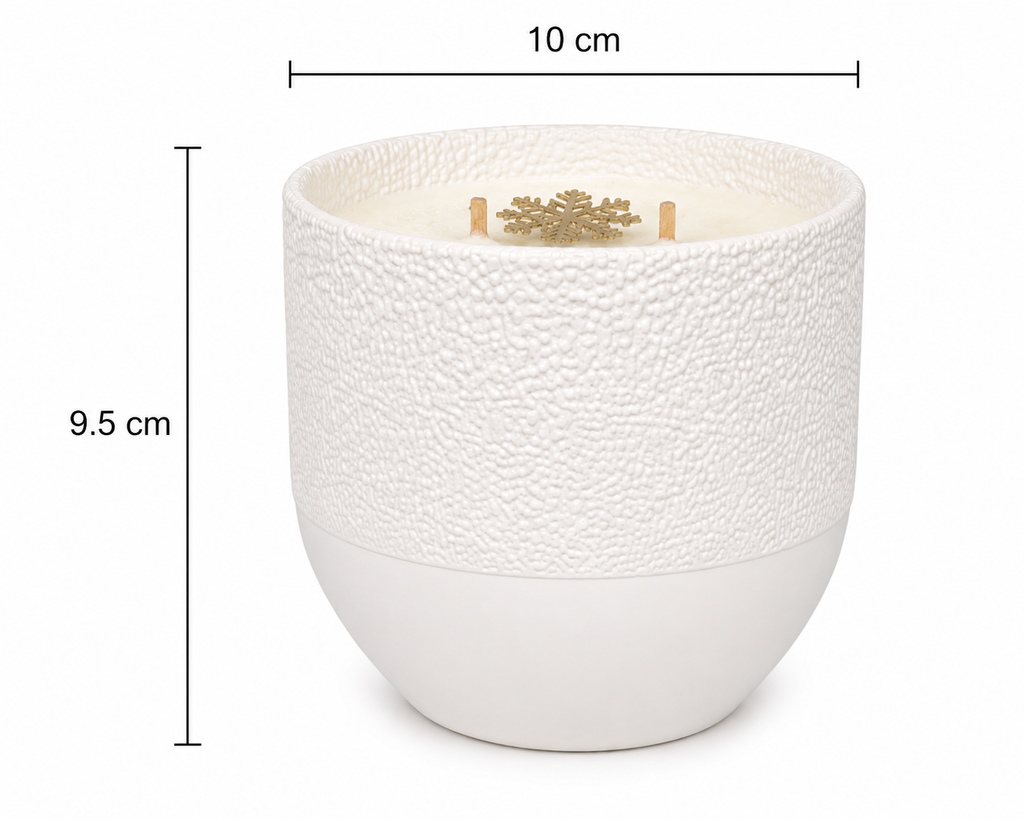 Mulberry Spruce candle product shot with dimensions labelled, 10cm wide by 9.5cm tall, showing the textured upper band and smooth matte base
