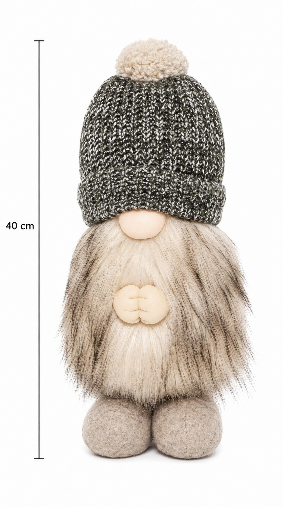Standing faux fur Christmas gnome product shot on a white background with height labelled at 40cm