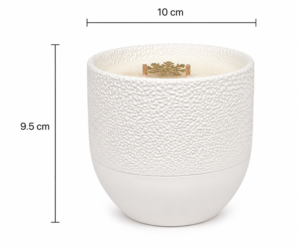 Cinnamon & Spice candle product shot with dimensions labelled, 10cm wide by 9.5cm tall, showing the textured upper band and smooth matte base