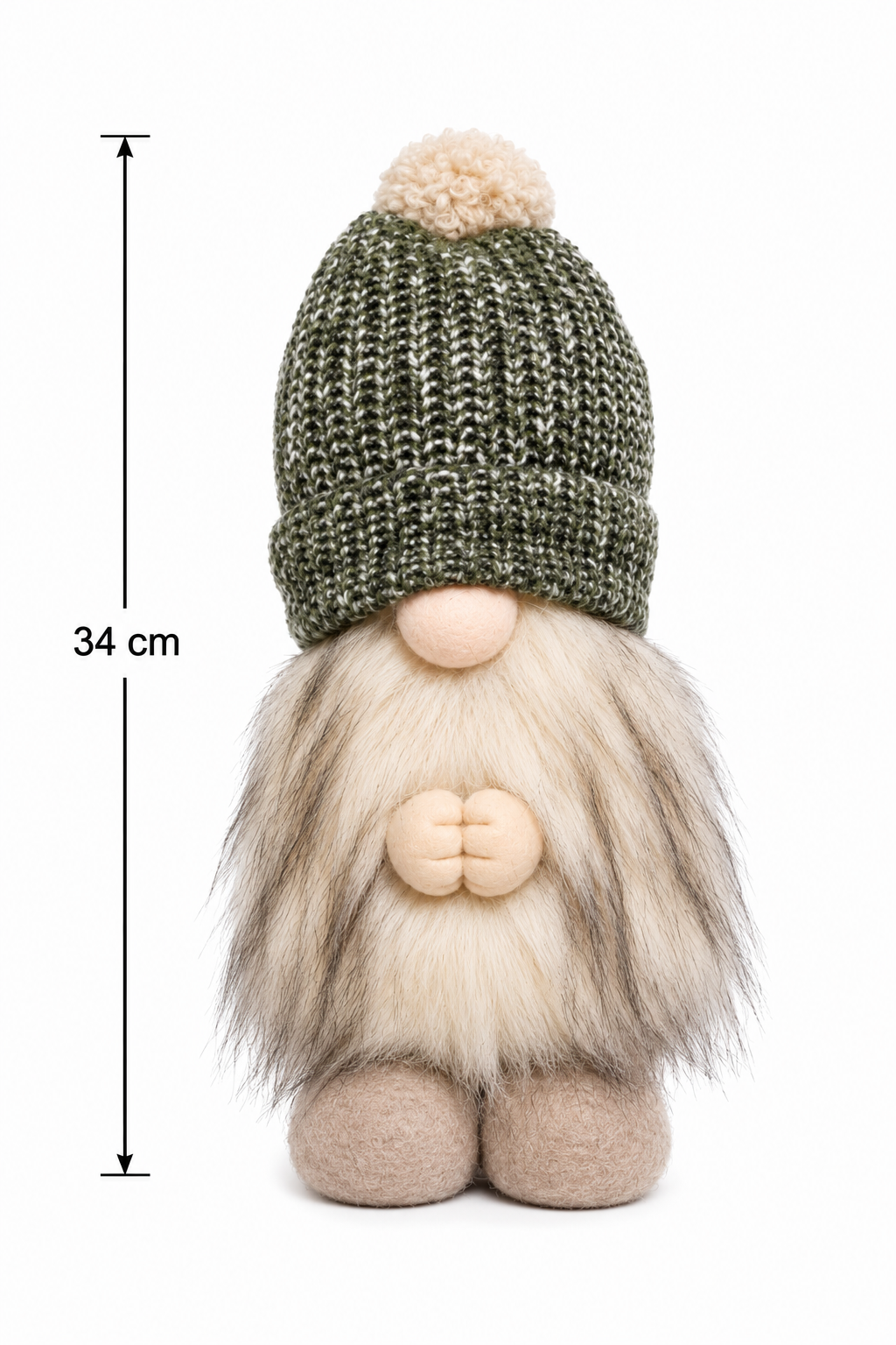 Green knit beanie plush gnome on white background with height measurement arrow showing 34cm