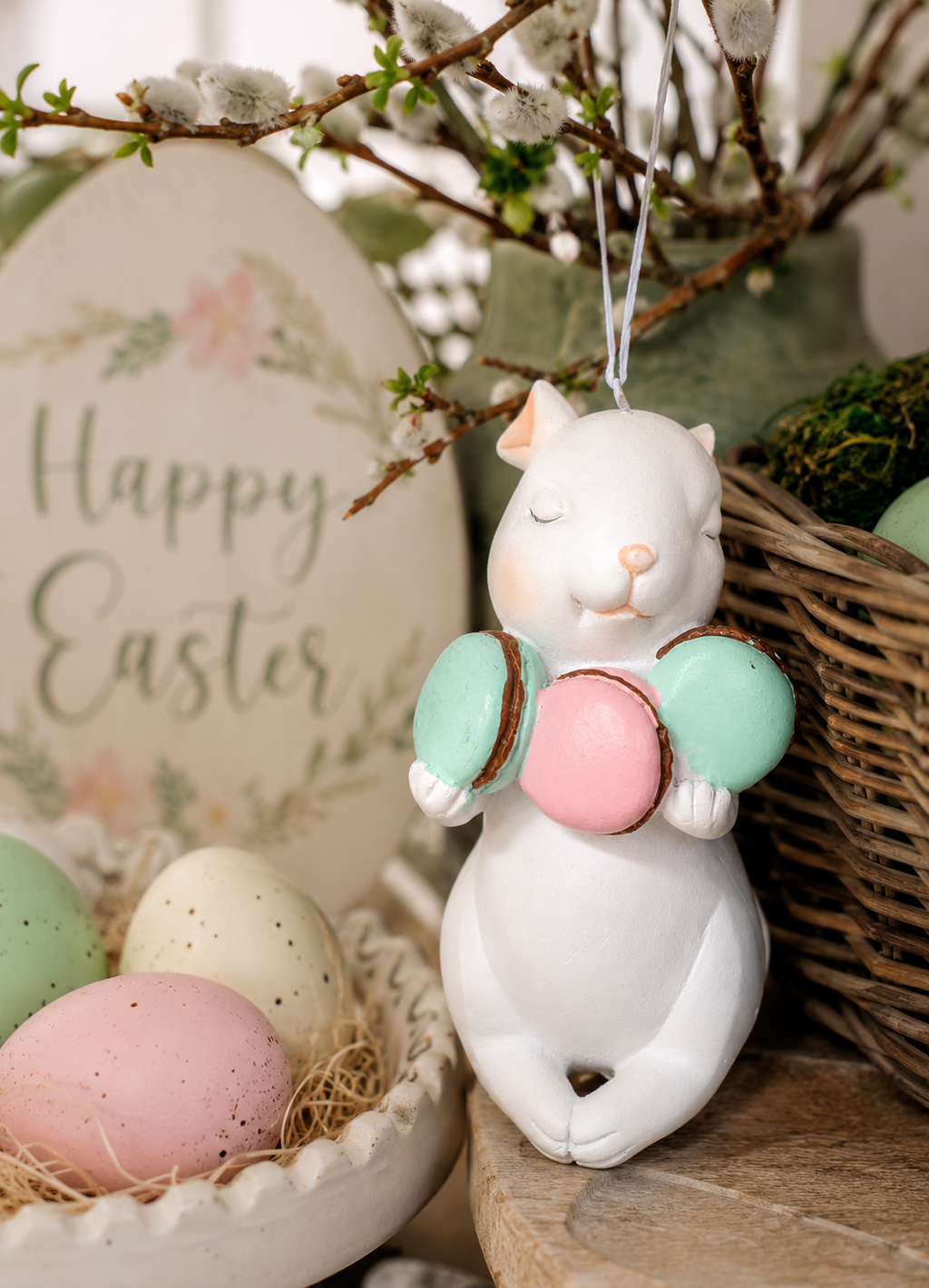 Zen bunny macaron ornament styled for Easter, hanging near a "Happy Easter" sign, speckled eggs, pussy willow branches, and a wicker basket
