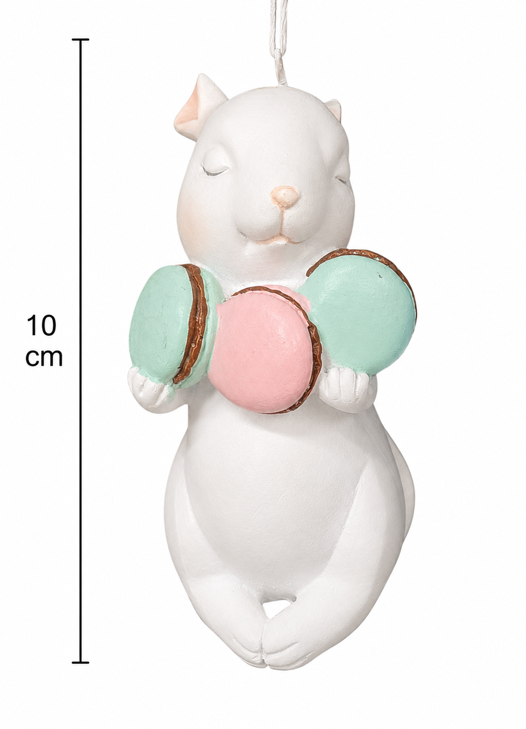 Zen bunny macaron ornament on a white background with a 10cm height measurement guide