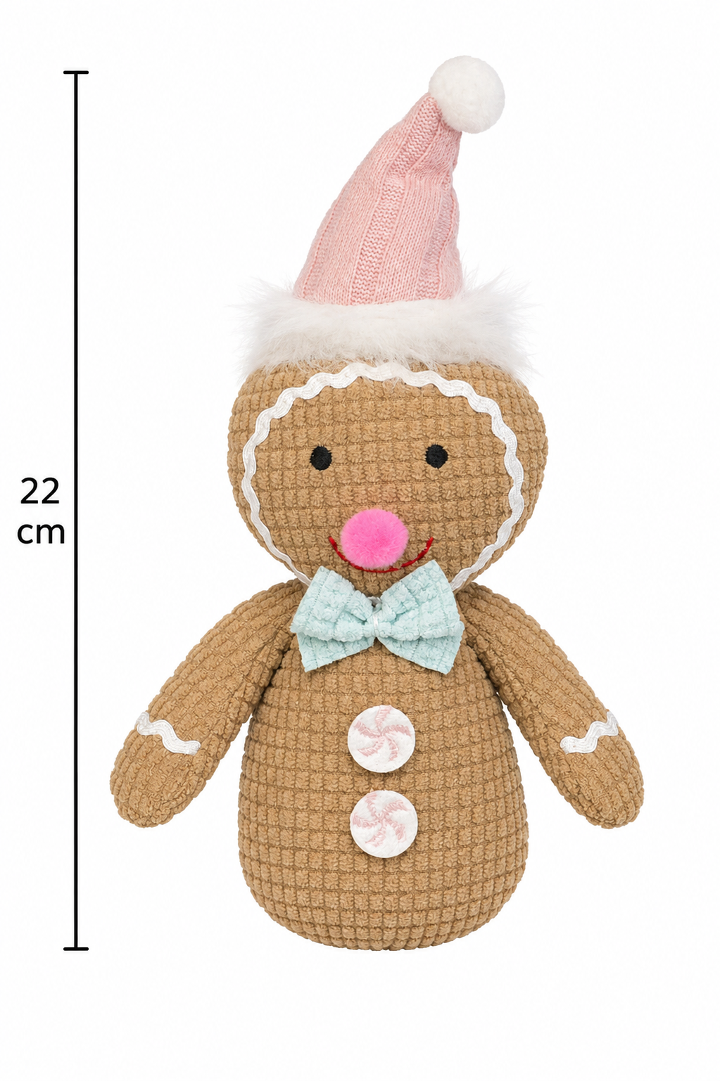Peppermint gingerbread man plush ornament on a white background with a 22cm height measurement guide