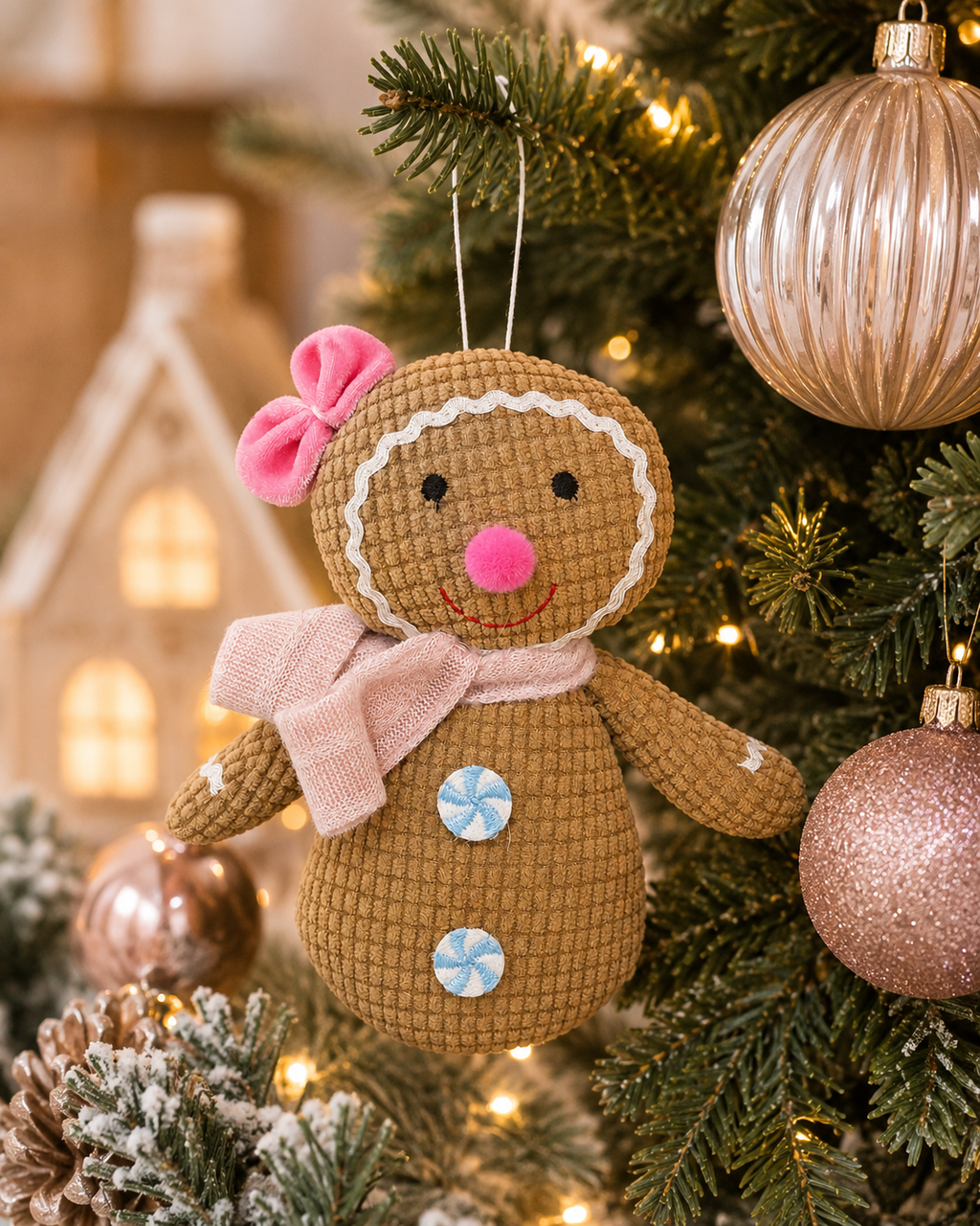 Peppermint gingerbread woman plush ornament hanging on a Christmas tree, surrounded by fairy lights, a mini gingerbread house decoration, rose gold baubles, and pinecones