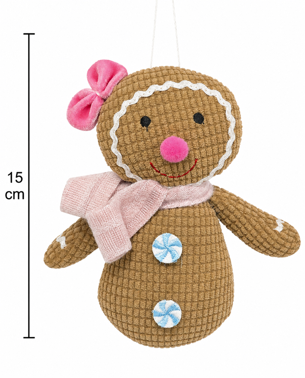 Peppermint gingerbread woman plush ornament on a white background with a 15cm height measurement guide