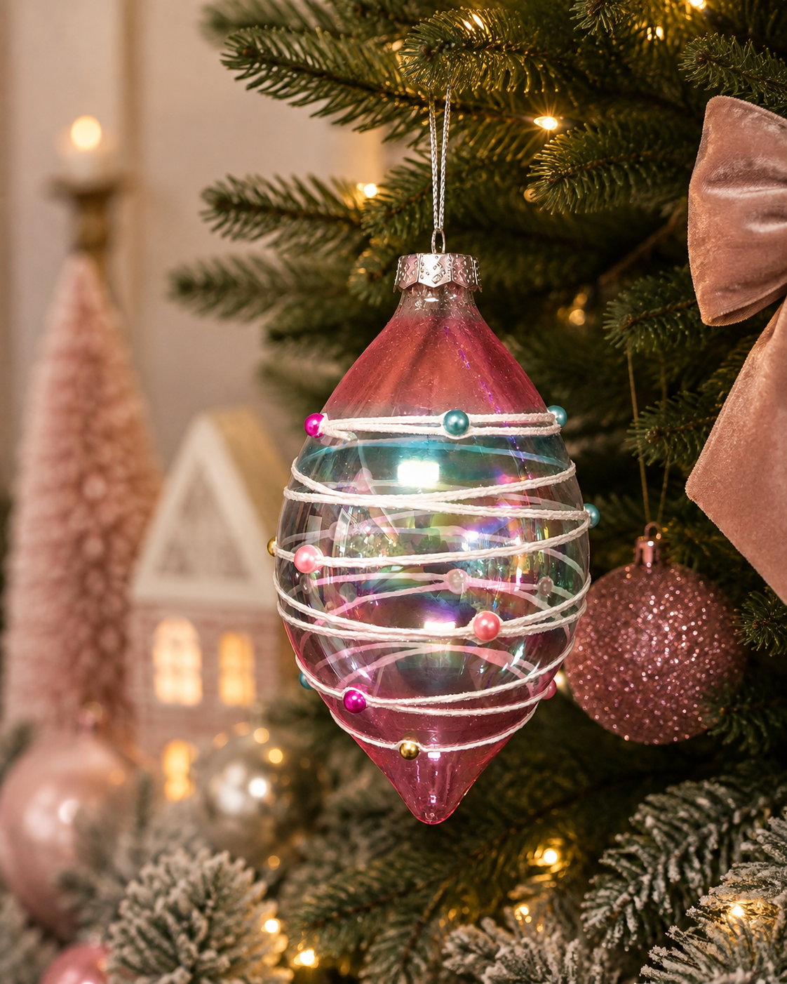 Iridescent beaded glass finial ornament hanging on a Christmas tree, surrounded by fairy lights, a mini house decoration, blush bottle-brush trees, and a velvet bow