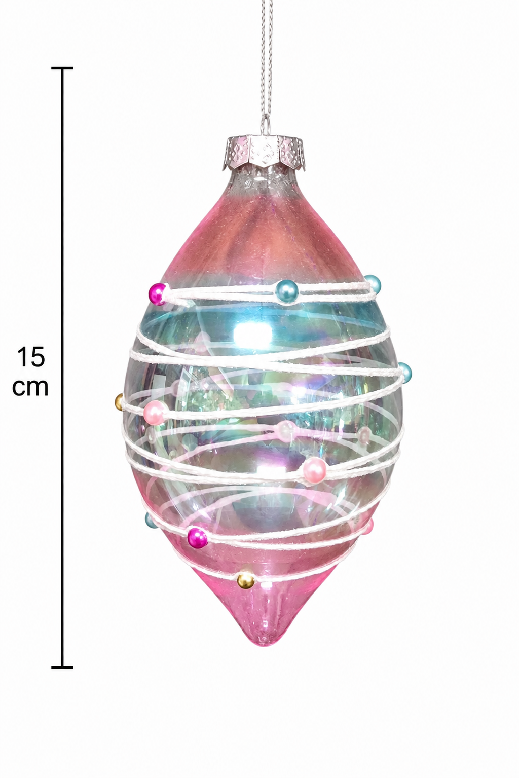 Iridescent beaded glass finial ornament on a white background with a 15cm height measurement guide