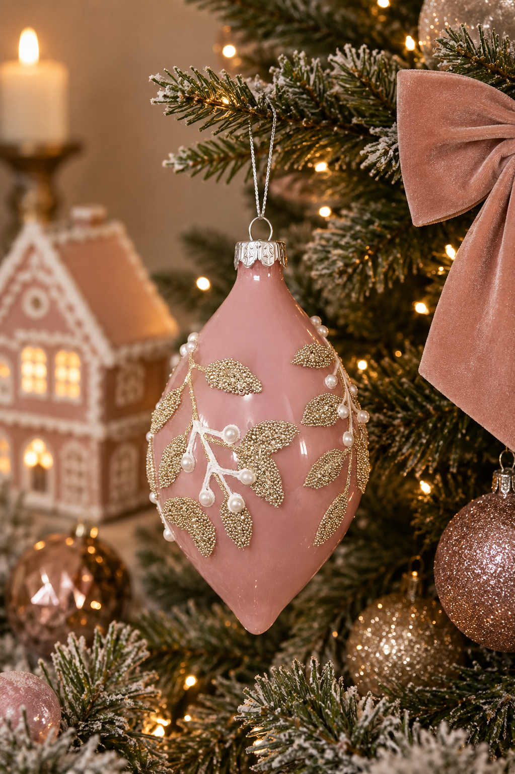 Silver mistletoe beaded glass long drop ornament hanging on a Christmas tree, near a lit candle and a mini gingerbread house decoration