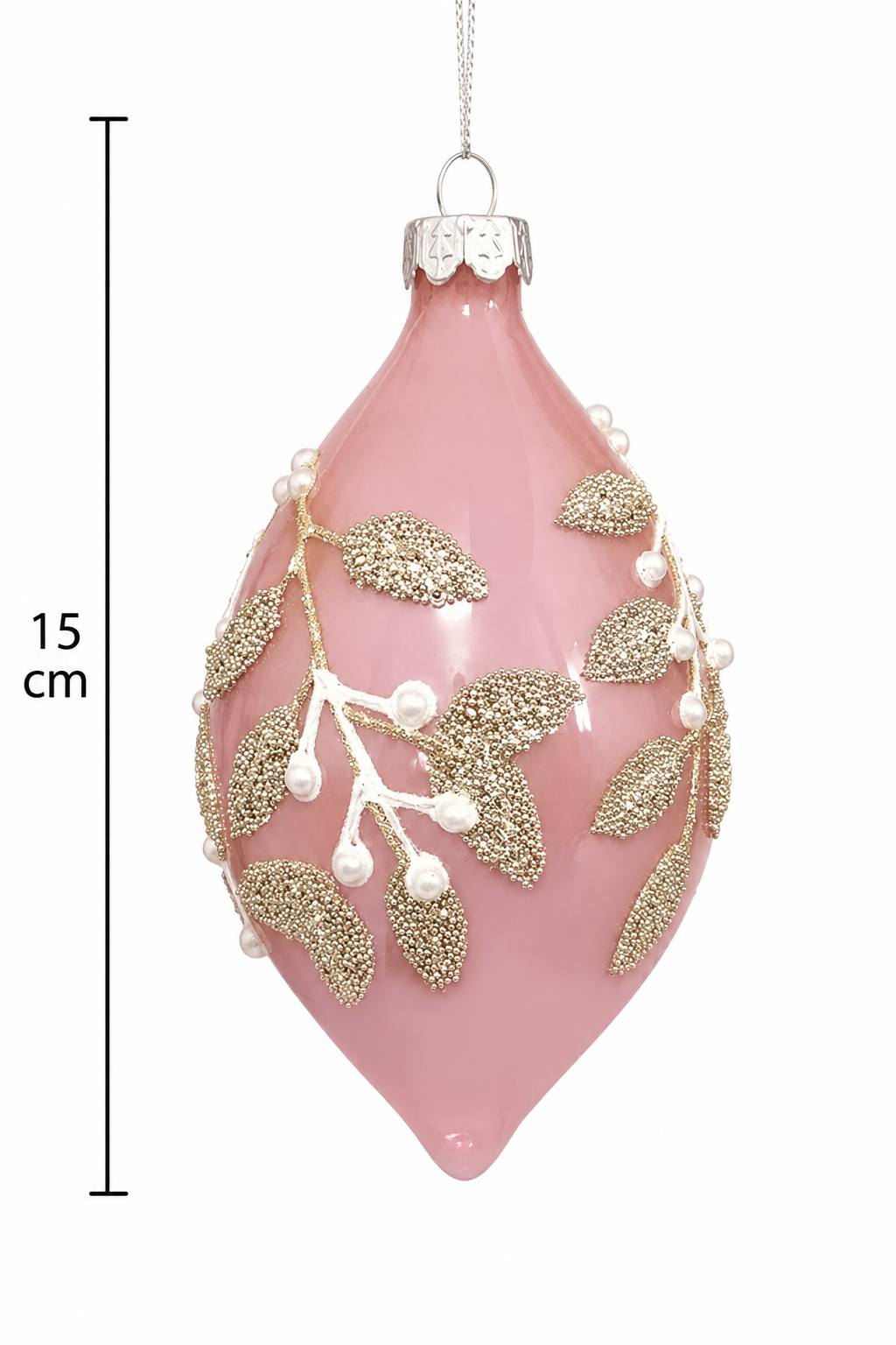Silver mistletoe beaded glass long drop ornament on a white background with a 15cm height measurement guide