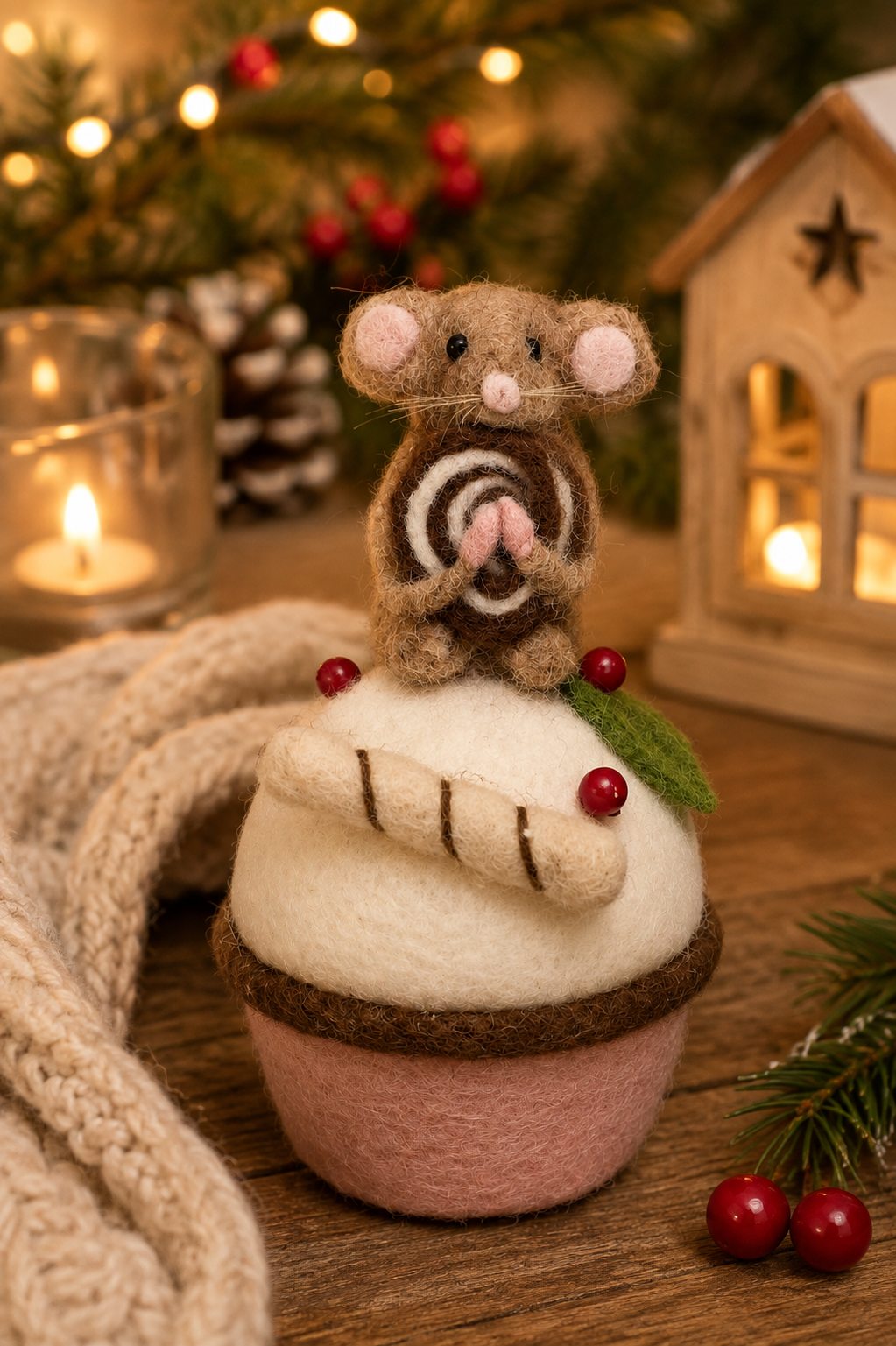 Small felted gingerbread mouse cupcake decoration styled on a wooden table with a lit candle, knitted throw, pinecone, and wooden lantern house in the background (props not included).
