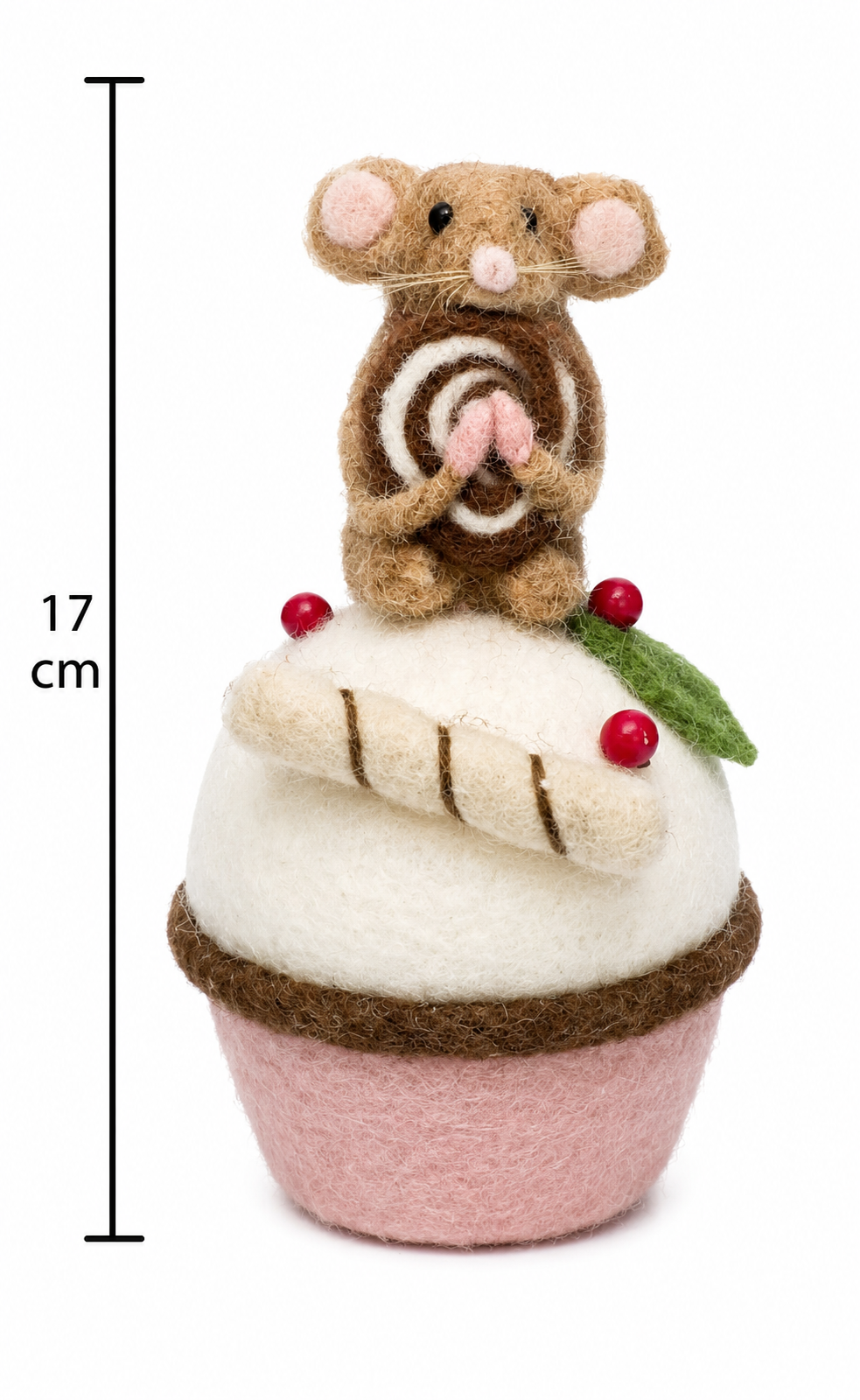 Small felted gingerbread mouse cupcake decoration on a white background showing full detail, mouse holding a swirl pastry, pink cupcake base, and holly accent, with a 17cm height measurement marker.