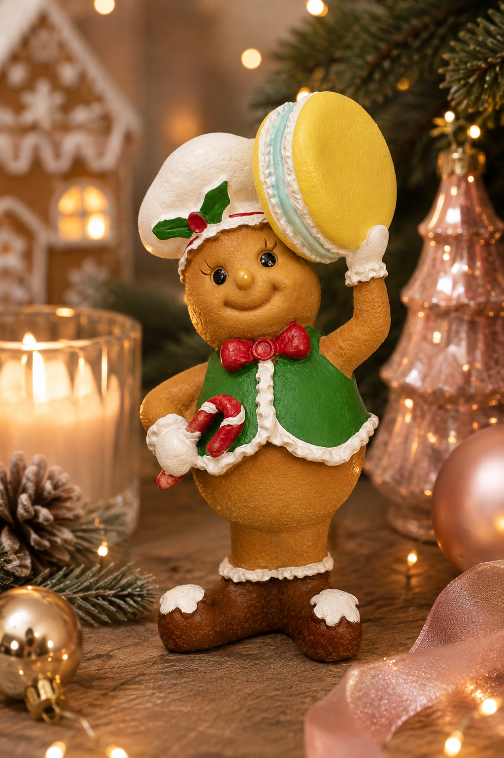 Gingerbread chef figurine holding a large yellow macaron beside a lit candle and gingerbread house, styled with pine branches, fairy lights, and rose gold Christmas ornaments.