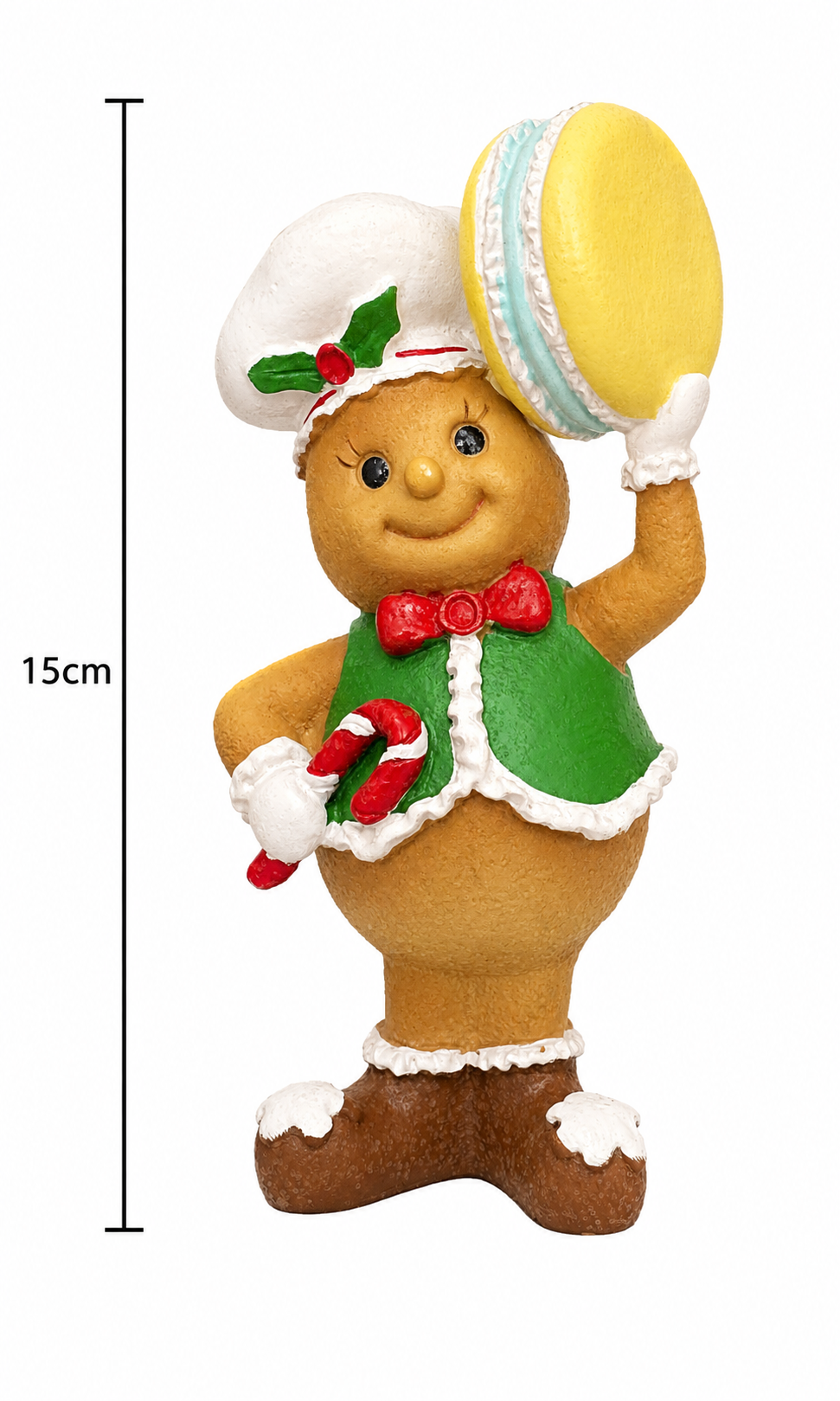 Gingerbread chef figurine on a white background showing full details, chef's hat, macaron, candy cane, and green vest, with a 15cm height measurement marker.