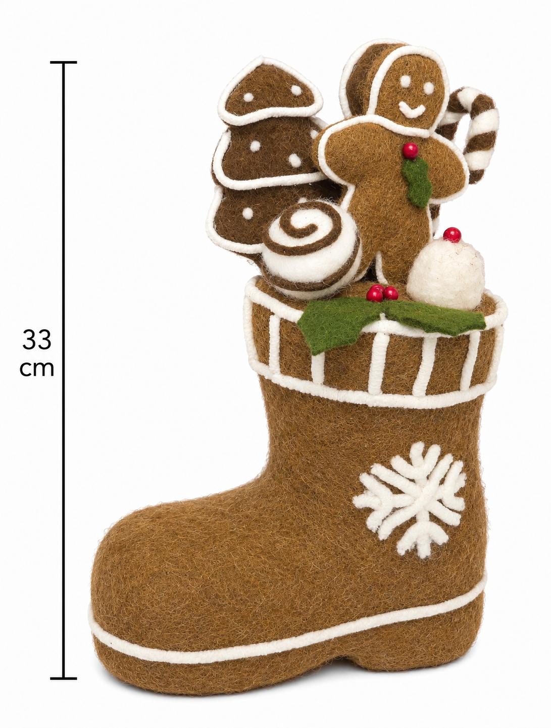 Felted gingerbread Christmas boot on a white background showing full detail, gingerbread man, tree cookie, candy cane, and snowflake trim, with a 33cm height measurement marker.