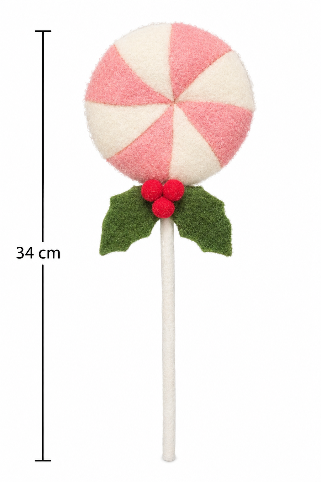 Felt peppermint candy stick pick on a white background showing full product detail, pink and white swirl top and holly leaf accent, with a 34cm height measurement marker.