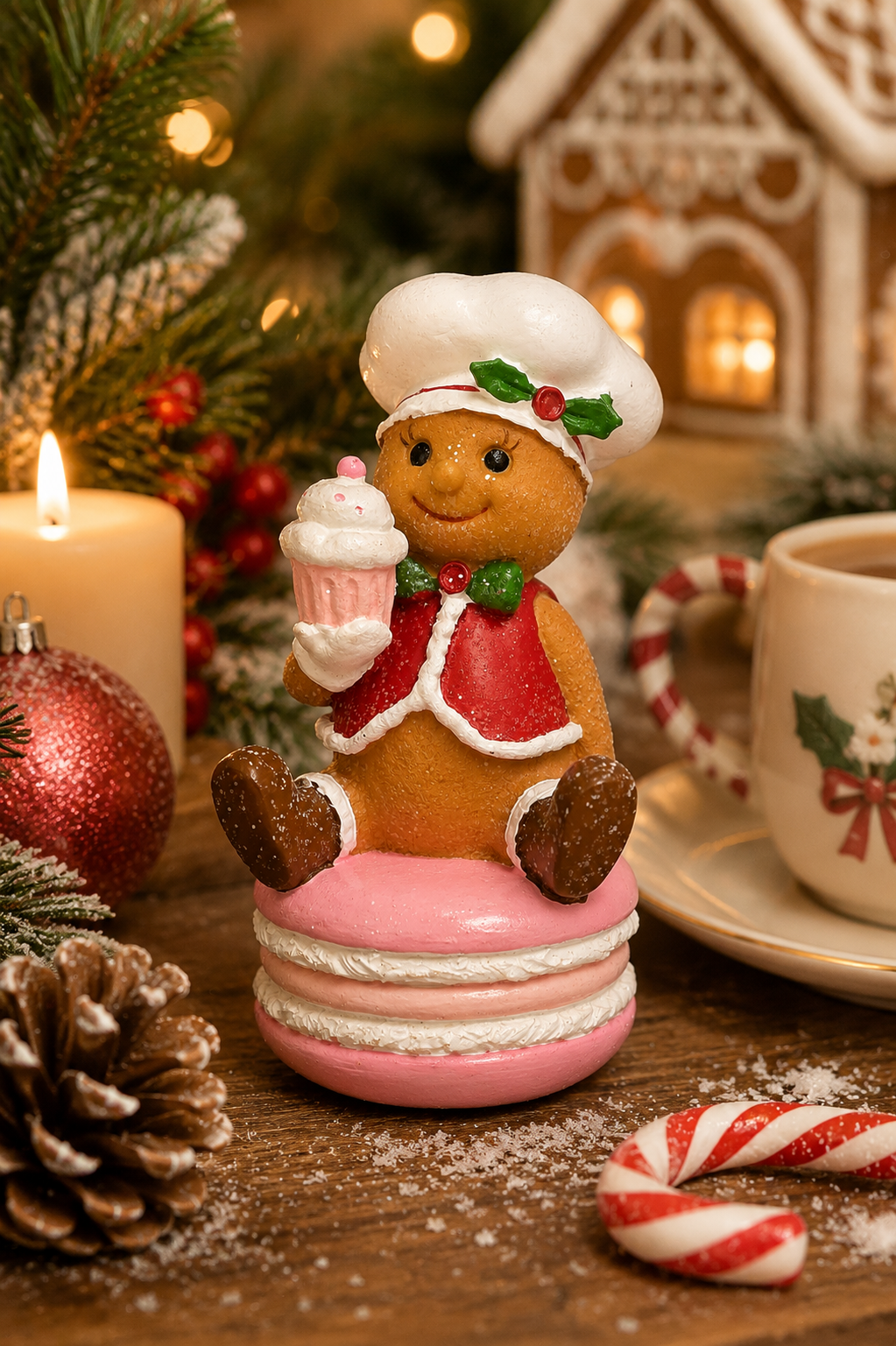 Gingerbread girl chef figurine seated on a pink macaron holding a cupcake, styled with a lit candle, red ornament, pinecone, candy cane, and gingerbread house in the background (props not included).