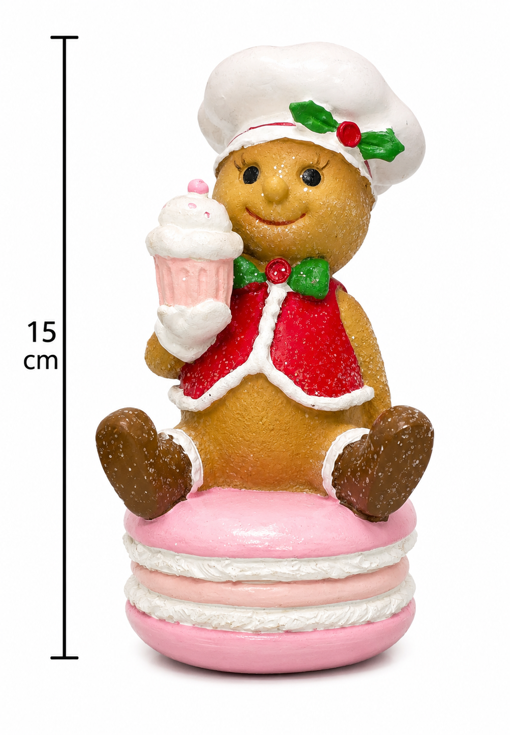 Gingerbread girl chef figurine on a white background showing full detail, chef's hat, cupcake, and macaron base, with a 15cm height measurement marker.