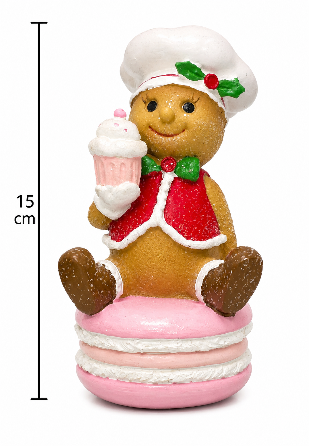 Gingerbread girl chef figurine on a white background showing full detail, chef's hat, cupcake, and macaron base, with a 15cm height measurement marker.