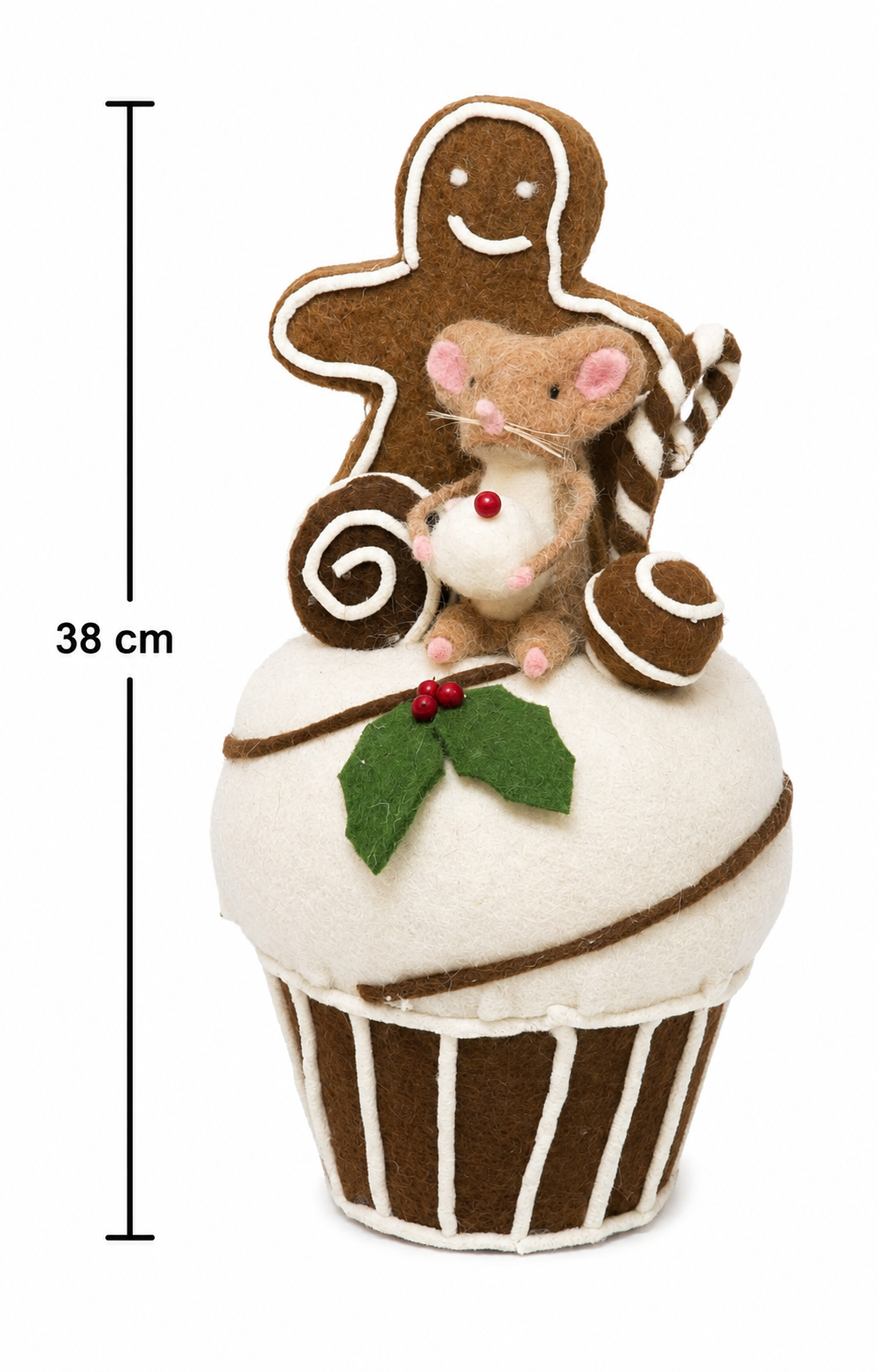 Felted gingerbread mouse cupcake decoration on a white background showing full detail, mouse, gingerbread man cookie, cinnamon rolls, and candy cane, with a 38cm height measurement marker.