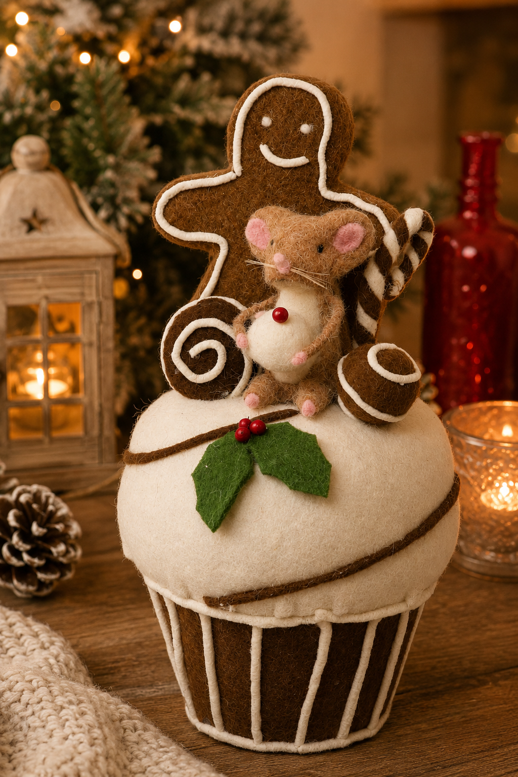 Felted gingerbread mouse cupcake decoration styled on a wooden table with a lit lantern, red glass bottle, and candle in the background (props not included).