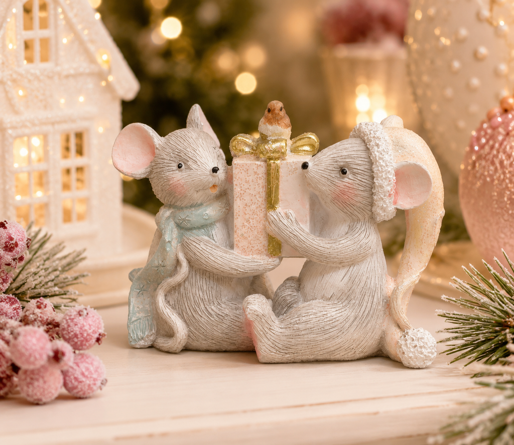 Christmas Gift-Giving Mice Duo Figurine displayed on a table beside a lit house ornament and frosted pink berries, with warm bokeh lights in the background