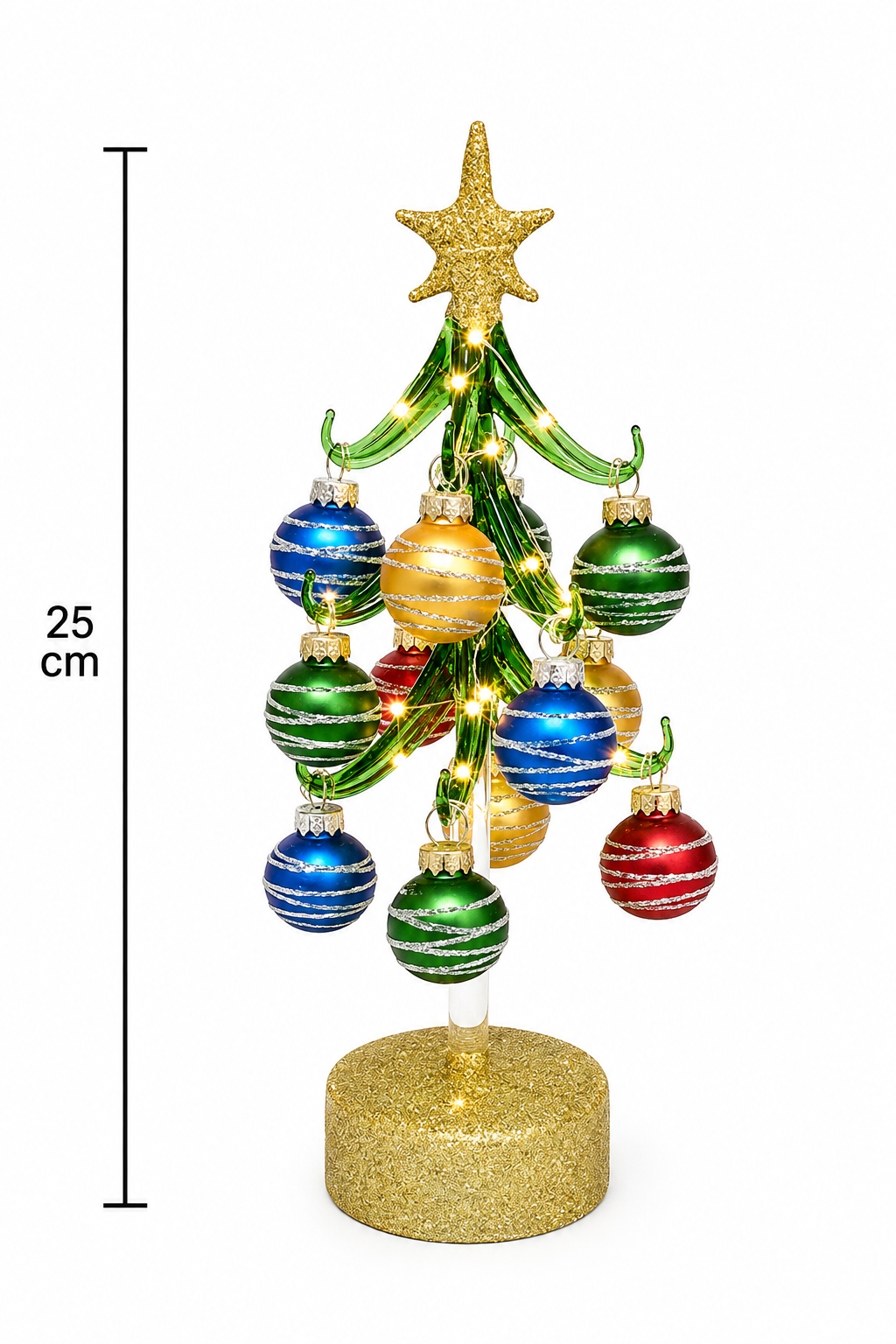Light-Up Glass Christmas Tree with Mini Ornaments on a white background with a dimension marker showing a 25cm height
