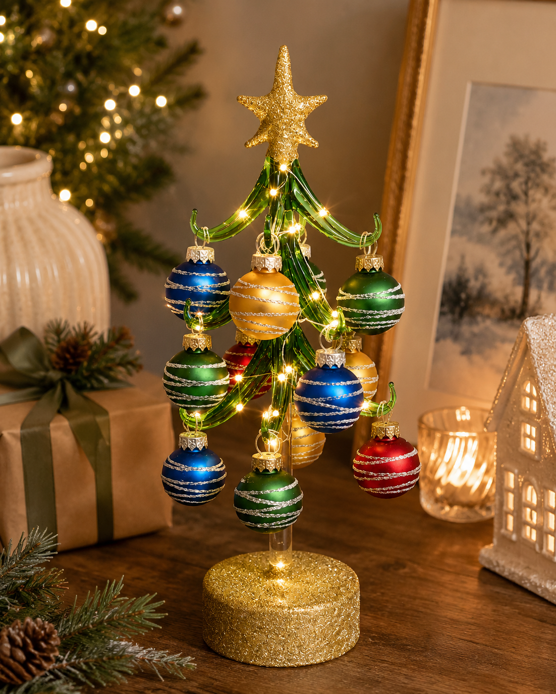 Light-Up Glass Christmas Tree with Mini Ornaments displayed on a wooden table beside a wrapped gift, candle and lit house ornament, with a Christmas tree glowing in the background