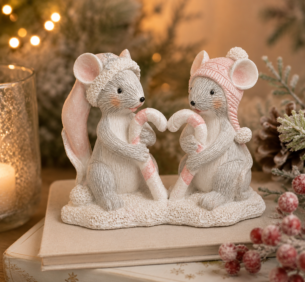 Candy Cane Heart Mice Duo figurine displayed on a book beside a candle and frosted pinecones, with Christmas tree lights glowing softly in the background