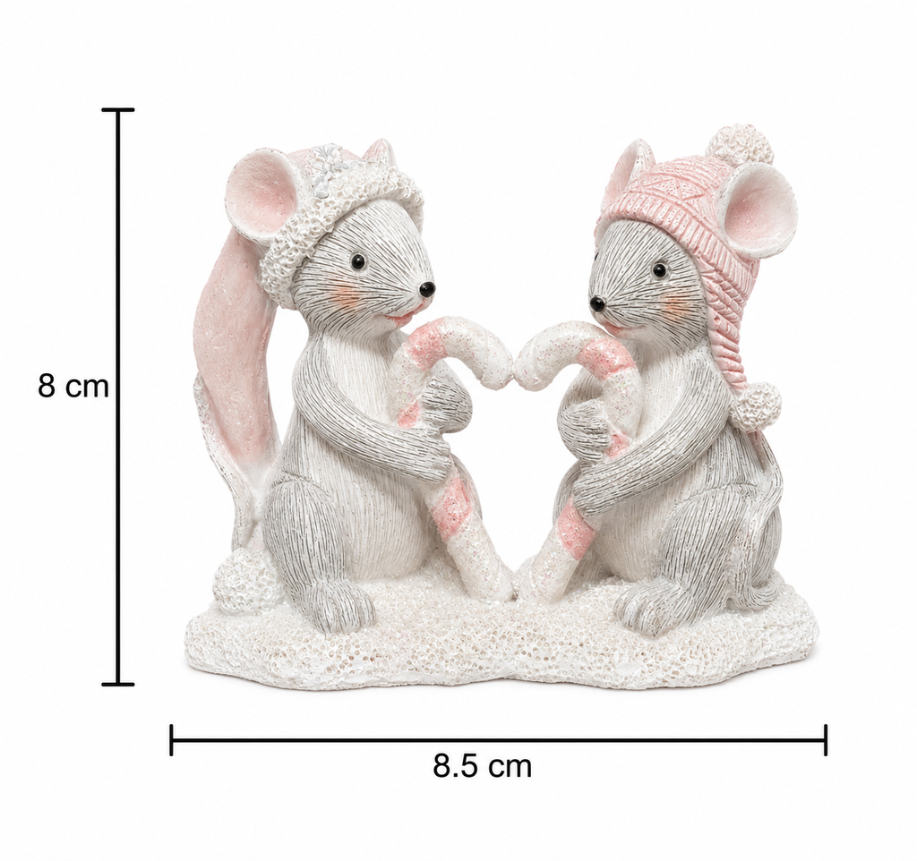 Candy Cane Heart Mice Duo figurine on a white background with dimension markers showing 8cm height and 8.5cm width