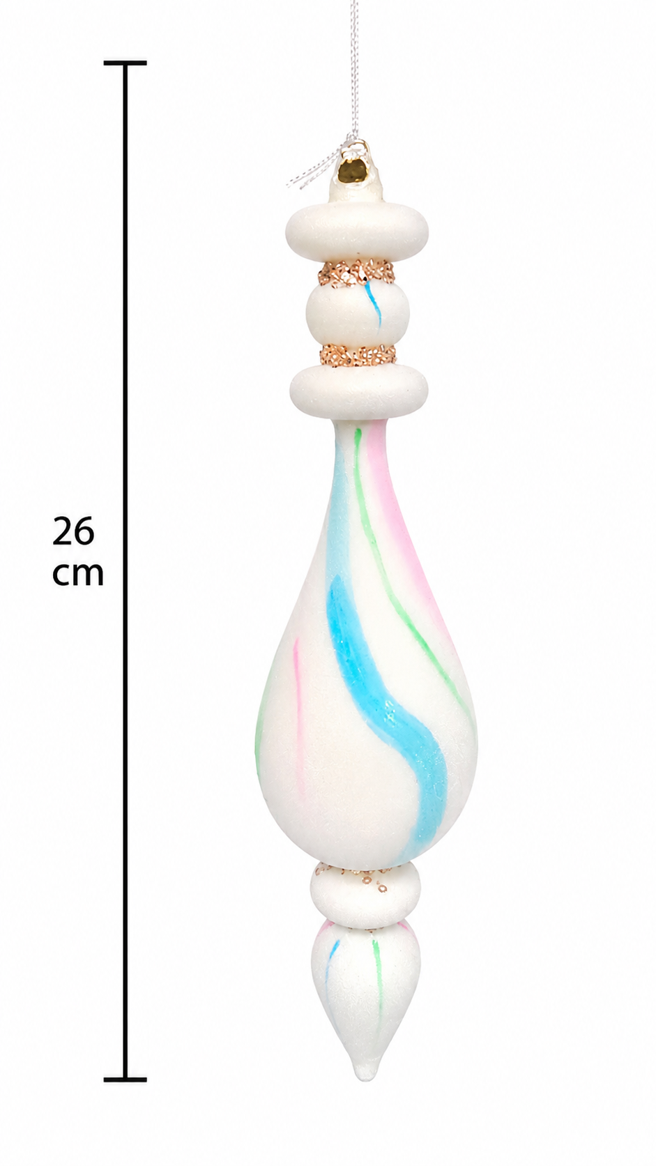 Pastel watercolour glass finial ornament on a white background with a dimension marker showing a 26cm drop